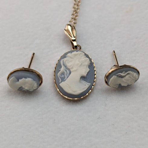 British Vintage Jewelry K9 Gold & Cameo Pendant Necklace Earrings Set